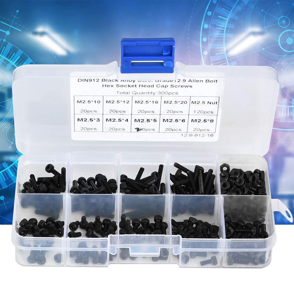 300pcs M2.5 Male Female Hex Spacer Standoff Screw Nut Assortment Kit,M2.5 x 3-20mm 12.9 Grade Black 