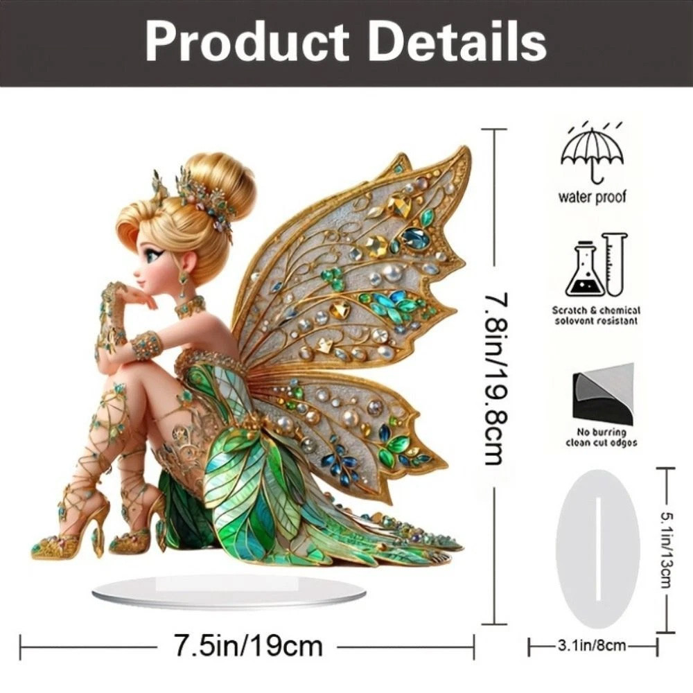 Acrylic Fairy Statue Ornament, Kid Gift Elves Wings Girl 2D Flat Desktop Ornament Office
