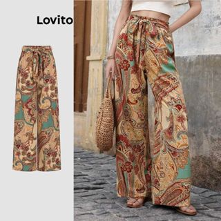 Lovito กางเกงเดรปโบว์พิมพ์ลายชนเผ่าลําลองสําหรับผู้หญิง L121…