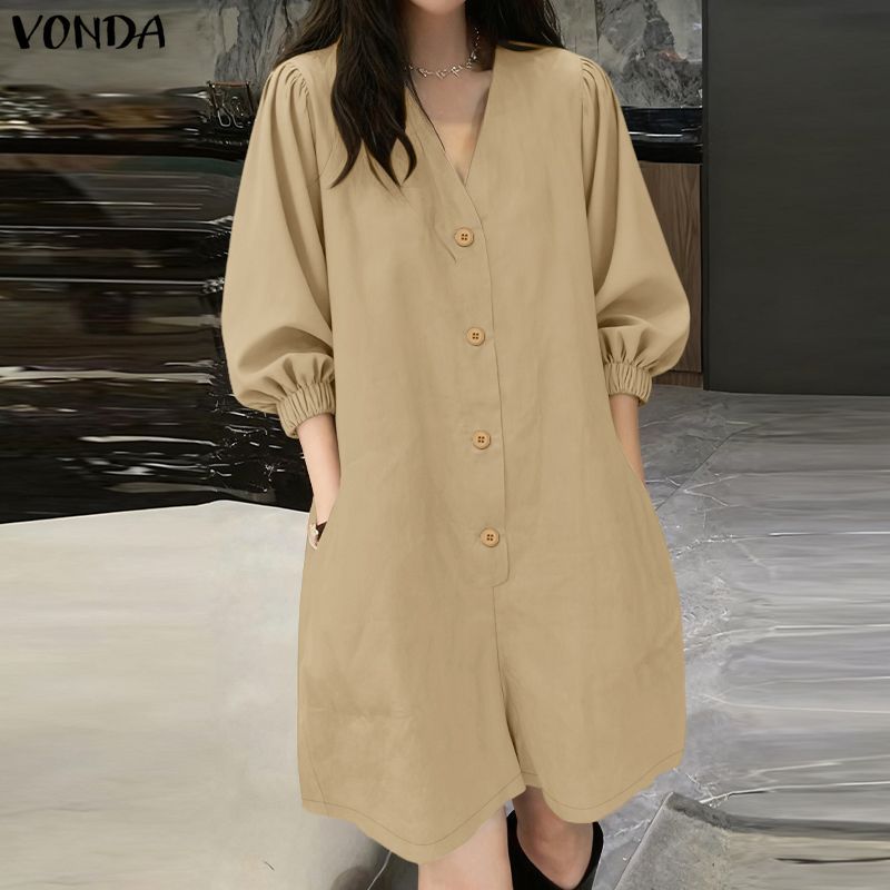 Vonda بلوزة نسائية كورية سادة بياقة V نصف كم — صورة 6