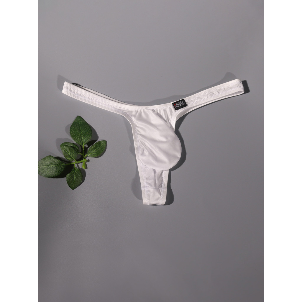 Boys Thong Thin Edge Forged Surface Ice Silk Oily Glossy Low-Waist กระชับ U-Convex กระเป๋าขนาดใหญ่ต่ํา