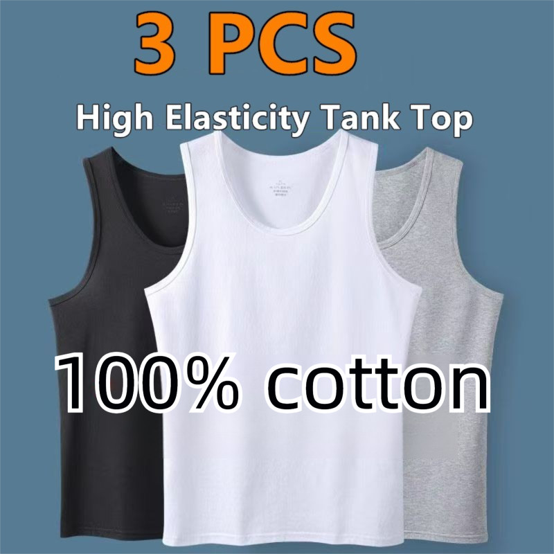 3PCS Plus ขนาด TShirt สําหรับชาย Unisex SUMMER OUTFIT Slim Fit แขนกุดเสื้อยืด - ผ้าฝ้าย 100% Breatha