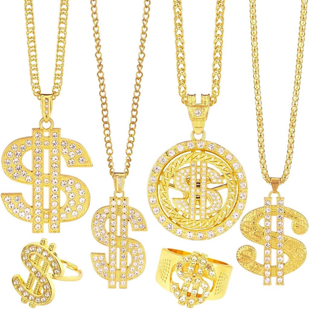 6 Pack Fake Gold-Colored Dollar Sign Chain Necklace Ring for 80s 90s Hip Hop Costumes Outfit, Rapper