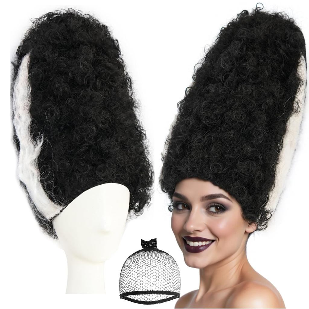 Hair Cap+Monster Bride Wig for Women Black White Beehive Wig Fluffy Curly Hair Black White Gothic Ou