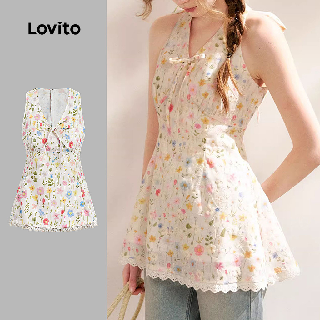 Lovito เสื้อบนโบว์ลำลองสำหรับผู้หญิง เสื้อสายเดี่ยวฤดูใบไม้ผลิ/ฤดูร้อน L151AD310