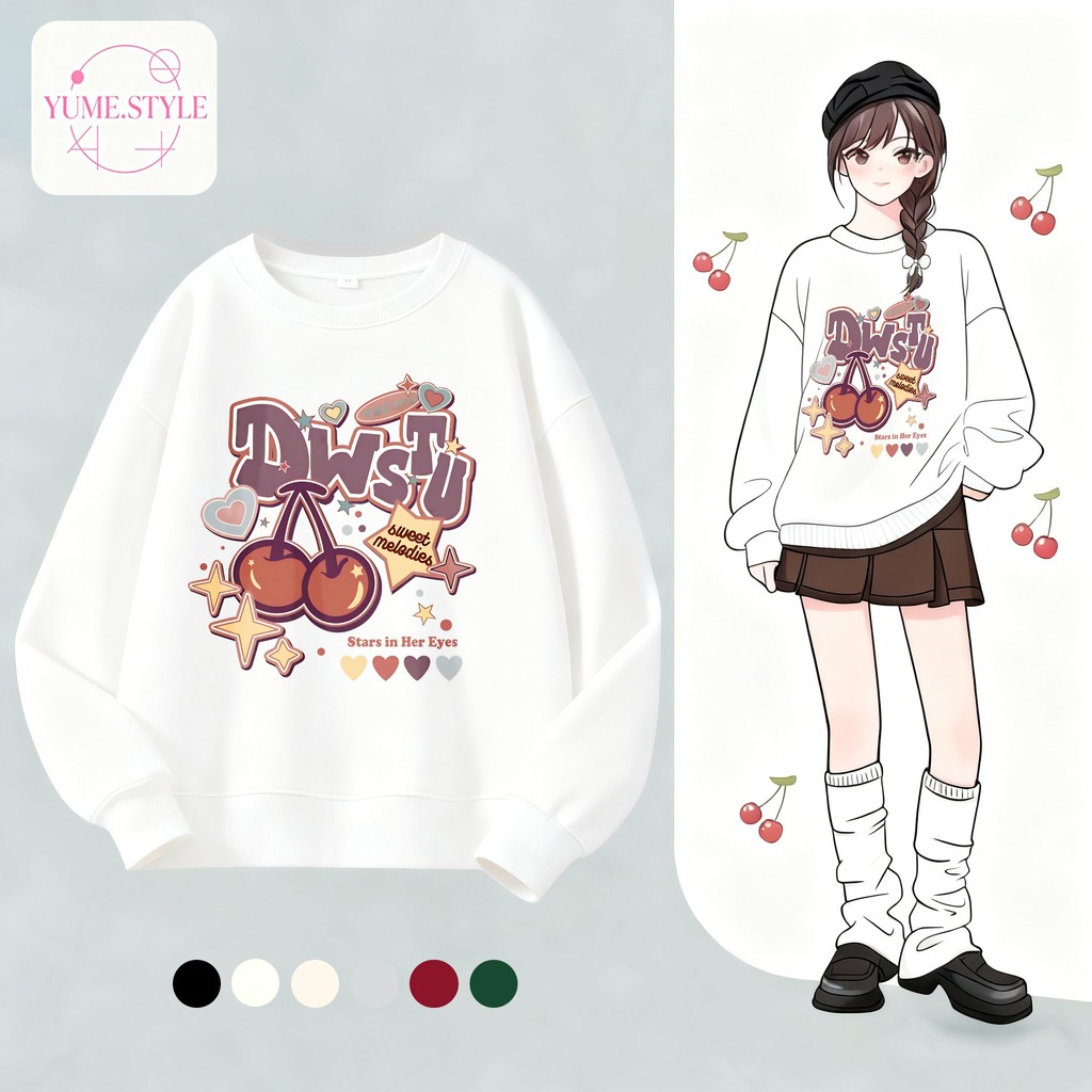 YUME🌸เสื้อกันหนาวแขนยาว เสื้อยืดคอกลมพิมพ์ลาย ทรงหลวม แฟชั่นคลาสสิก สะดวกสบาย ลาย "Dwstu Cherry" ส่งเร็ว⚡COD