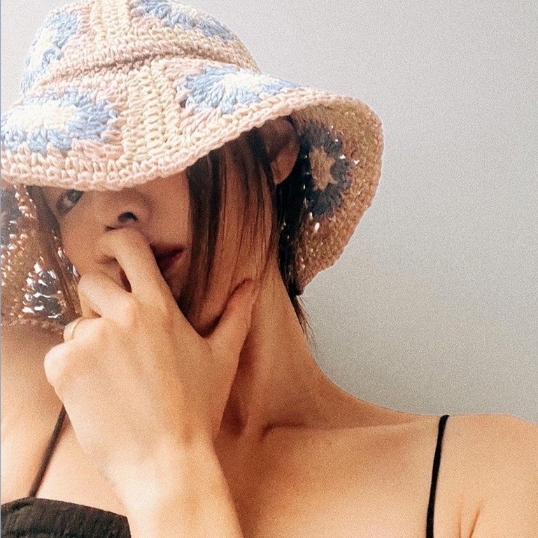 Women Handmade Crochet Wide Brim Sun Hat Floral Pattern Japanese Style