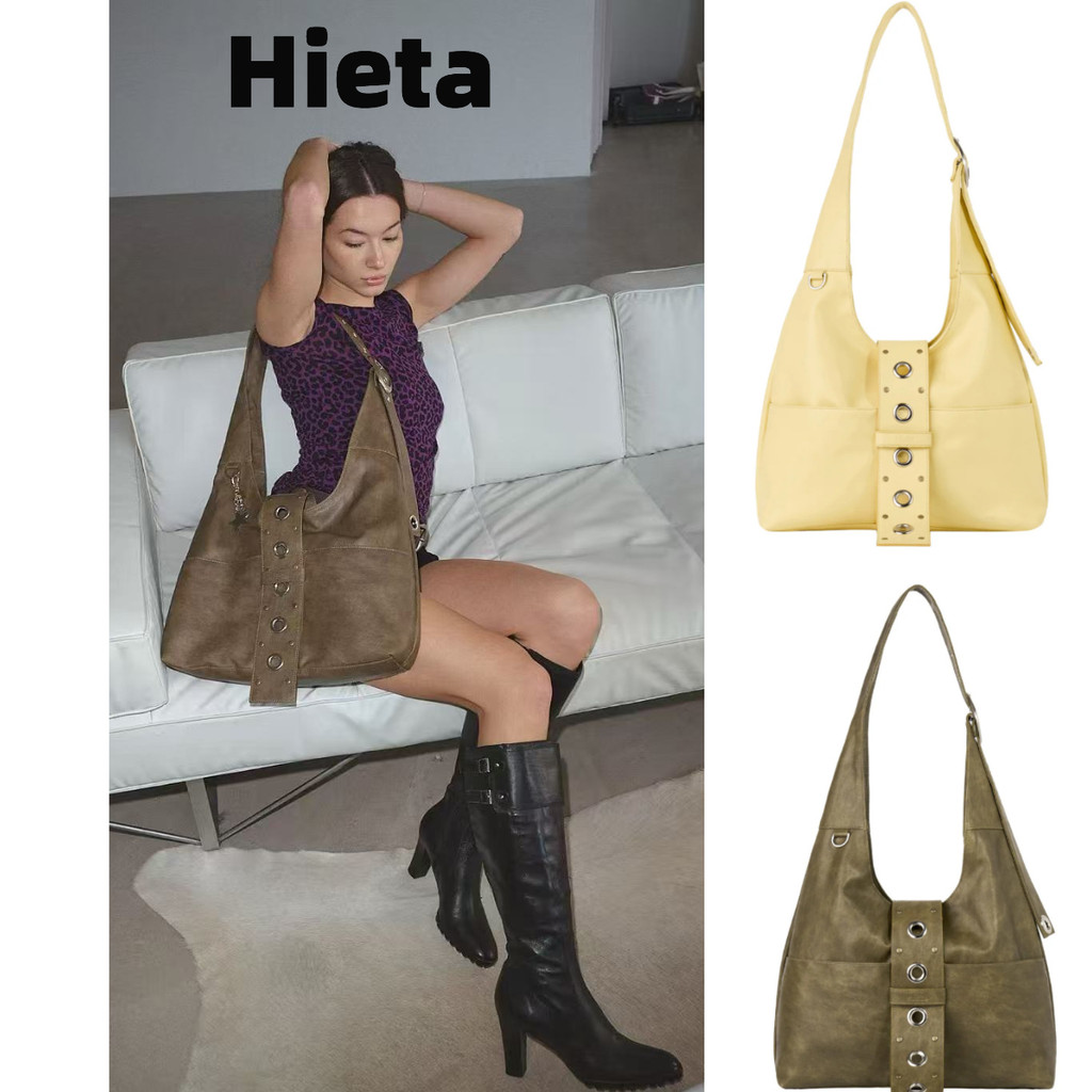 พร้อมสต็อกเกาหลี Y2K Street Wear Hieta Commuter Bag ขนาดใหญ่ พังค์เรโทร ริเว็ต สายสะพายโลหะ สำหรับผู