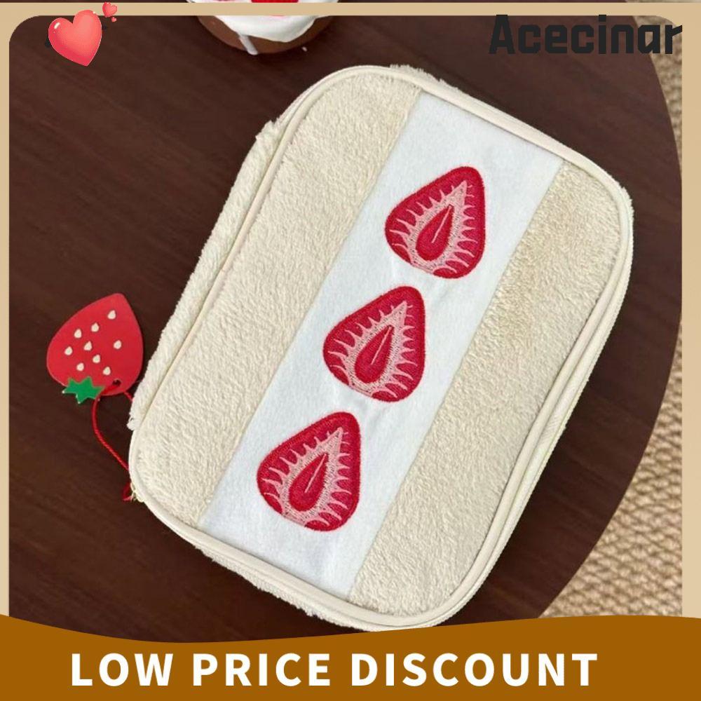 ACECINAR กระเป๋าปากกา, Fuzzy Plush Strawberry Sandwich Makeup Bag, ทนทานน่ารักปักดินสออเนกประสงค์ Studensts