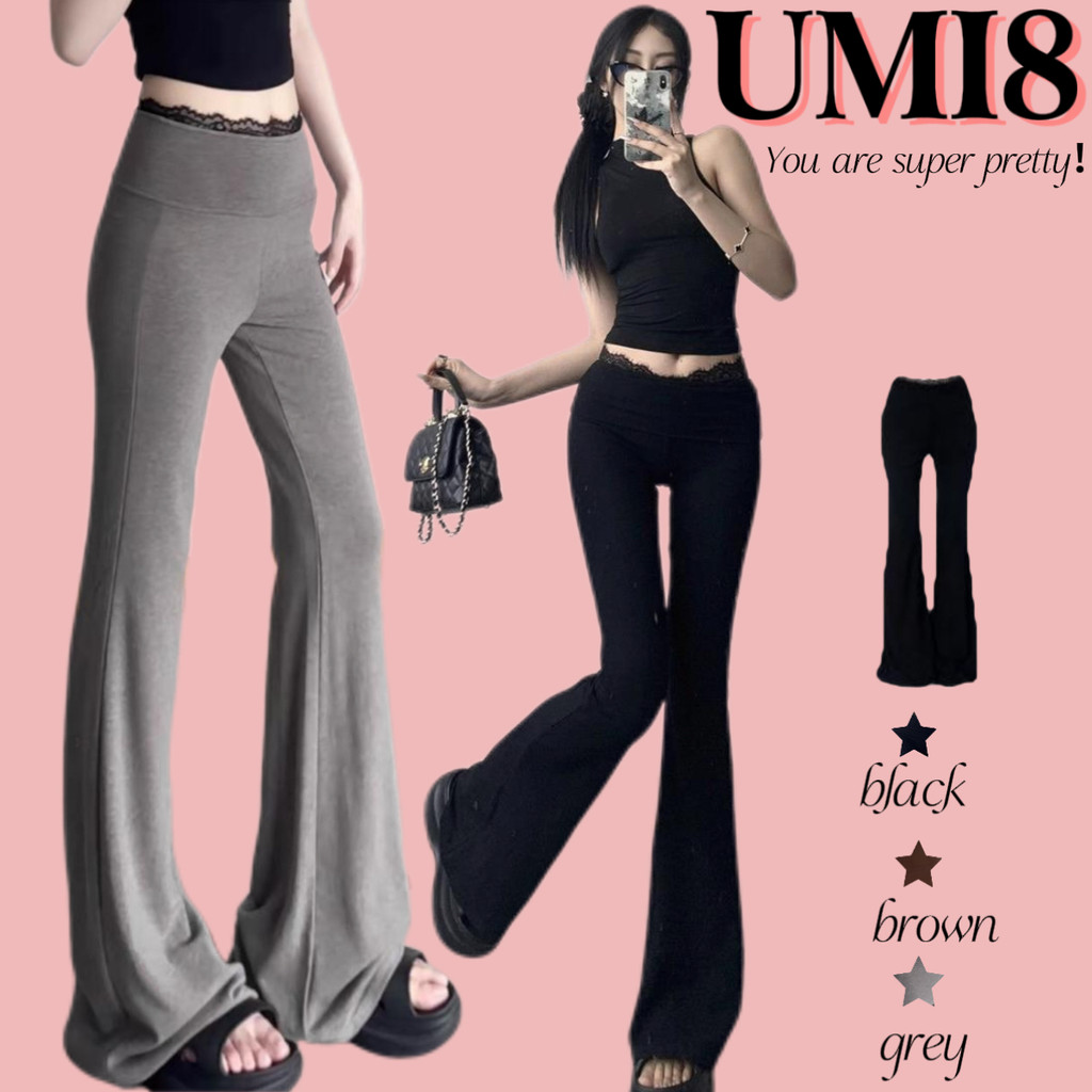UMI8 【ในสต็อก】 กางเกงขายาวผู้หญิงทรงกระดิ่งแต่งลูกไม้ ดีไซน์ทันสมัย เอวสูง กระชับตัว สำหรับหน้าร้อน สีดำ ขาว และเทา