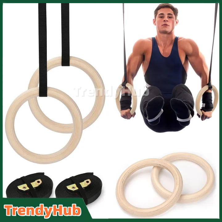 Wooden Gymnastics Ring Olympic Rings (1 Pairs) แหวนยิมนาสติกเบิร์ชดึงขึ้น GYM สายรัดปรับได้