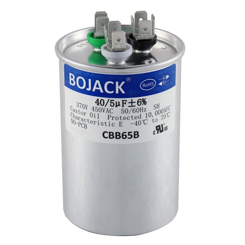 BOJACK 40+5 uF 40/5 MFD ±6% 370V/440 VAC CBB65 Dual Run Circular Start Capacitor สําหรับ AC มอเตอร์ 