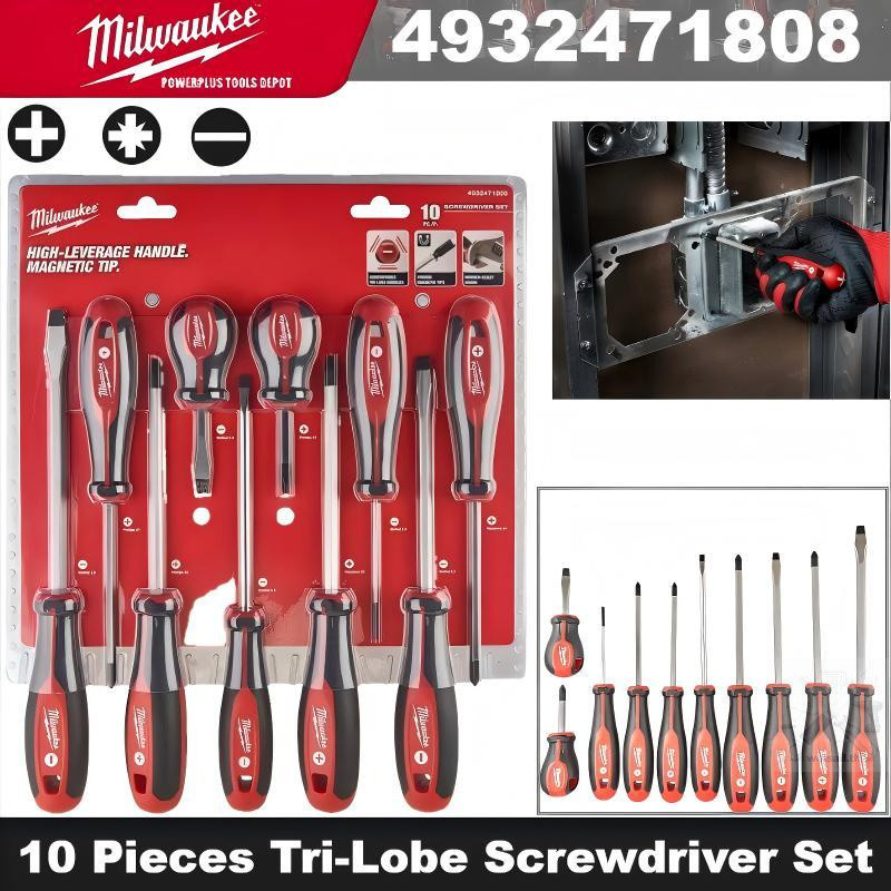 MILWAUKEE ชุดไขควง Tri-Lobe 10 ชิ้น 4932471808 ไขควงแฉก/สล็อตอเนกประสงค์ เครื่องมือมือ Milwaukee