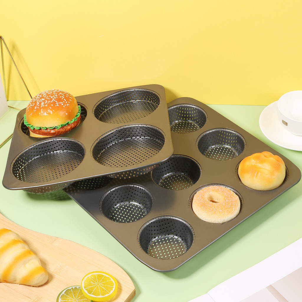 2 ชิ้นแฮมเบอร์เกอร์ Bun Pan 4/9 Cavity Perforated Nonstick Burger Buns Baking Mould สําหรับเนื้อพาย 