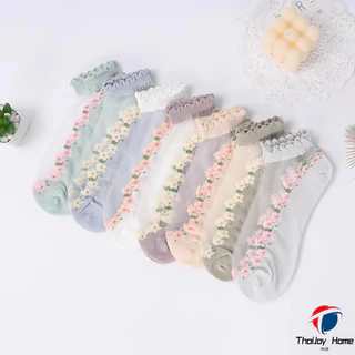 พร้อมส่ง 5คู่ถุงเท้าสั้นระบายอากาศญี่ปุ่นน่ารักสำหรับผู้หญิง ถุงเท้าฤดูใบไม้ผลิและฤดูร้อน แบบบางและคริสตัลถุงเท้าเรือ