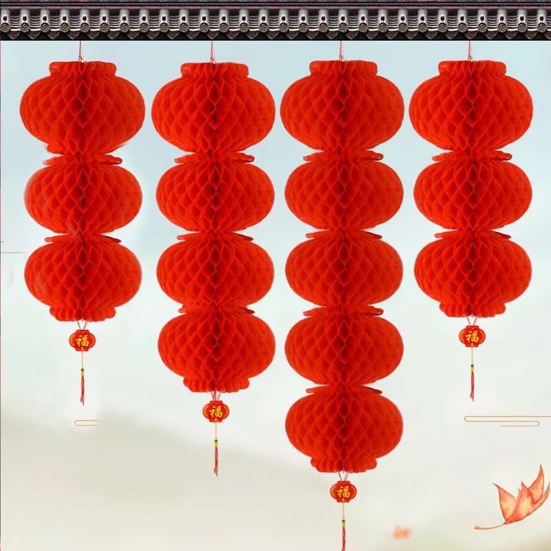 ปีใหม่บ้านแขวนผนังตกแต่งโคมไฟรังผึ้งจีน-เทศกาลฤดูใบไม้ผลิโชคดีจี้-โคมไฟกระดาษสีแดงแบบดั้งเดิม  ﻿