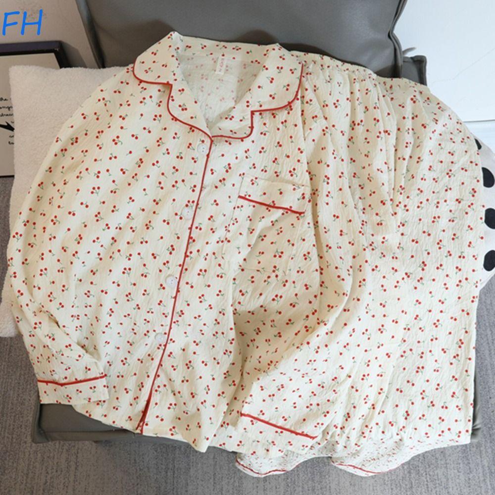 FENGHA Cherry Pyjamas Women,Lapel Loose Sweet Pyjamas Suit,Comfort Ruffle Nightdress สองชิ้นชุดนอนบ้