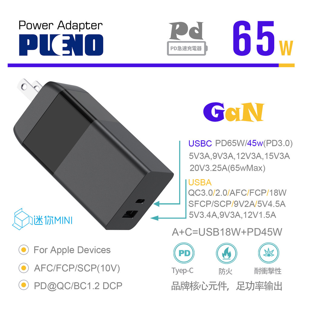 Pd65w Charger ลิปสติกสี่เหลี่ยม PD Fast Charge AC หัวชาร์จผลิตภัณฑ์ PD65W ชาร์จเร็วสามารถ Notebook C