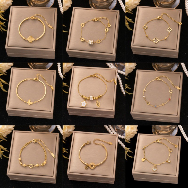 สร้อยข้อมือเหล็กไทเทเนียม ลายเส้นแบบ 18K Gold แฟชั่นสำหรับผู้หญิง พร้อมขายส่ง