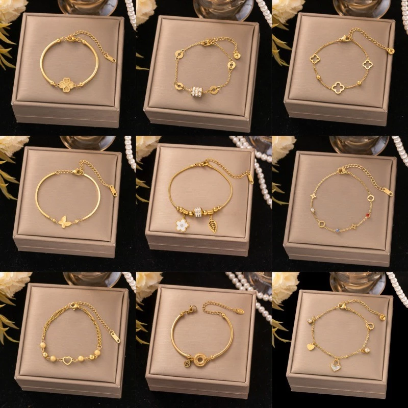 สร้อยข้อมือเหล็กไทเทเนียม ลายเส้นแบบ 18K Gold แฟชั่นสำหรับผู้หญิง พร้อมขายส่ง