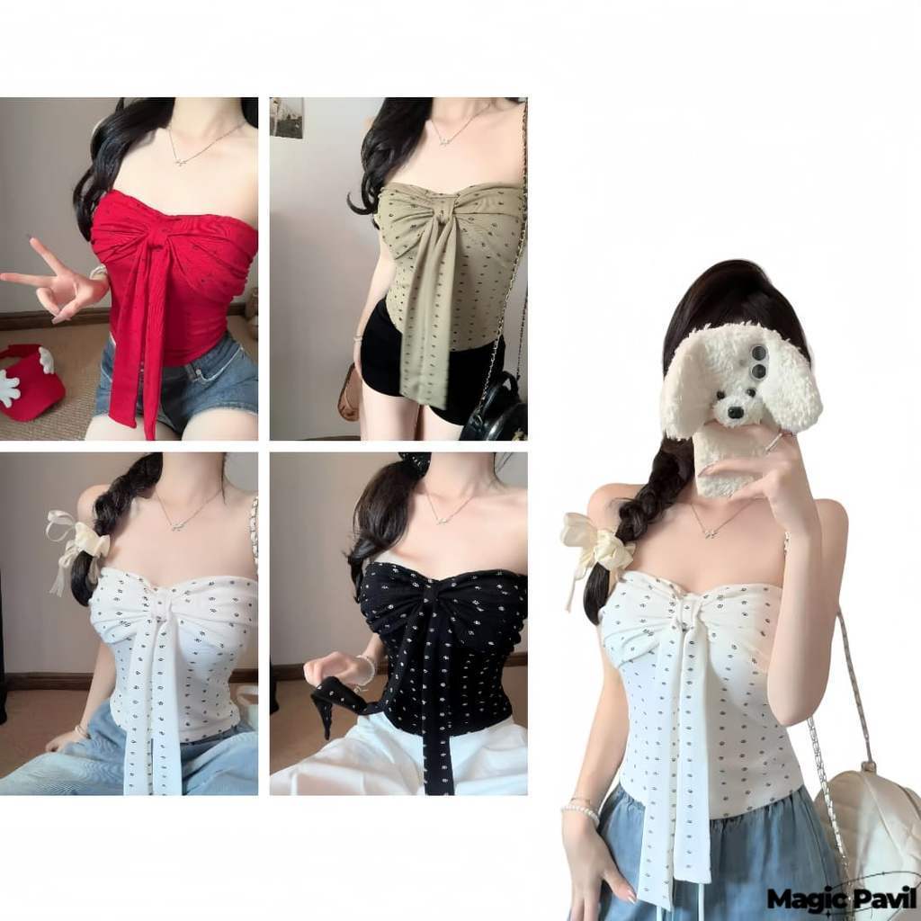 【Magic】พร้อมส่ง | 【เสื้อเกาะอก เสริมฟองน้ำ】ความยาวสั้น ดีเทลลายเท้าแมวน่ารัก สไตล์หรูหรา เสื้อปาดไหล่ลายจุด’ FY66020