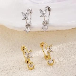 Roselife 1 คู่ 14K Gold คริสตัลผีเสื้อ Hoop ต่างหูสําหรับผู้หญิง Hypoallergenic Bow หูวงกลมเครื่องประดับอุปกรณ์เสริม