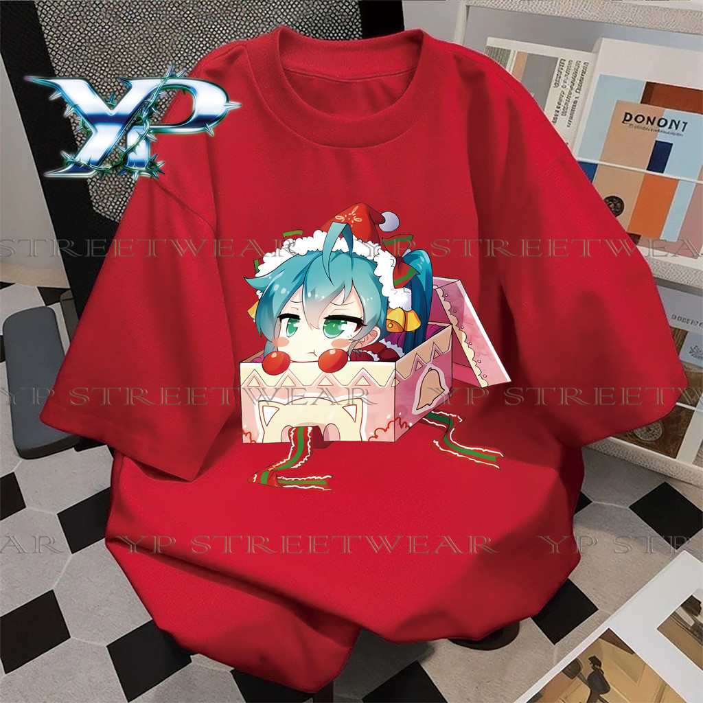 จัดส่ง 24h Happy Christmas รุ่นคู่รัก เสื้อยืดผ้าฝ้าย 100% Hatsune Miku น่ารัก รุ่น unisex