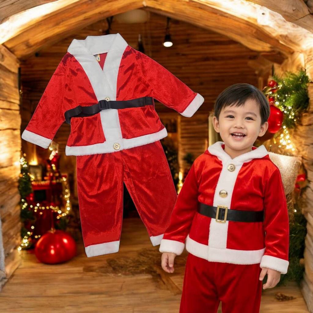 ชุดคริสต์มาสเด็กชาย 1-5 ขวบ ชุดซานต้า ผ้ากำมะหยี่ (เสื้อ+กางเกง+เข็มขัด) FES0039