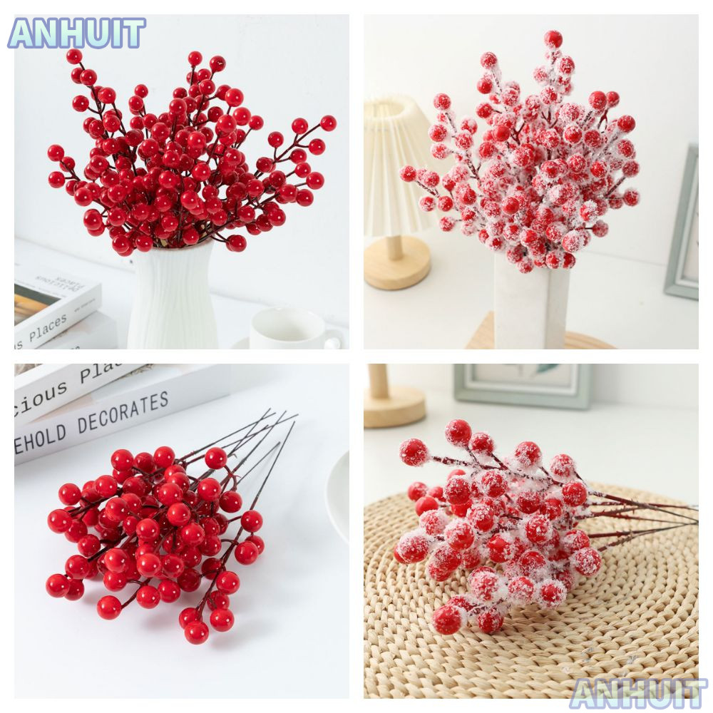 ANHUIT 10PCS Red Berries สาขา,สีแดง Frost Christmas Berry สาขา,งานแต่งงานเครื่องประดับ DIY อุปกรณ์เส