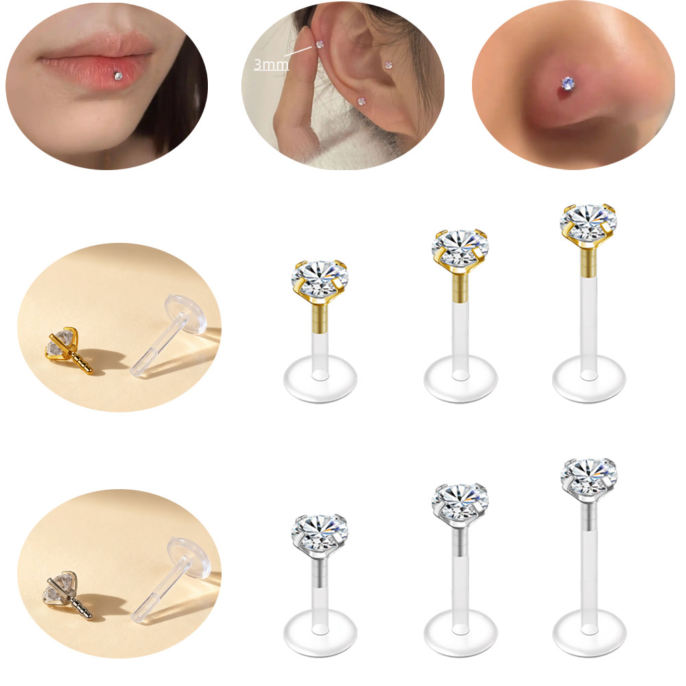 สแตนเลส Labret Lip Stud ขนาด 18G/16G กับเส้นผ่าศูนย์กลาง 3 mm, 6/8/10 mm ทำจากอะคริลิคและคริสตัลใสเงินทอง