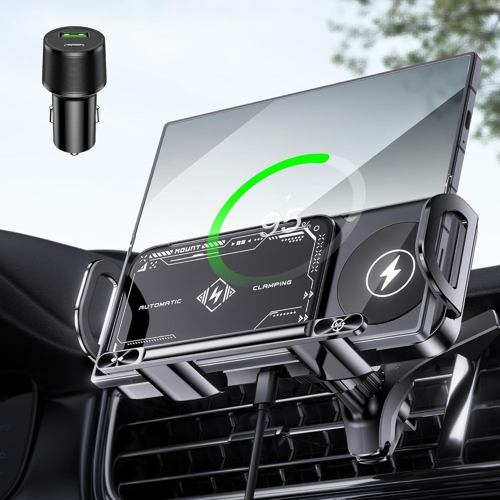 Wireless Car Charger Mount, Auto-Clamping 15W Dual Coil One-Touch 90° Rotatable Car Phone Holder Wir