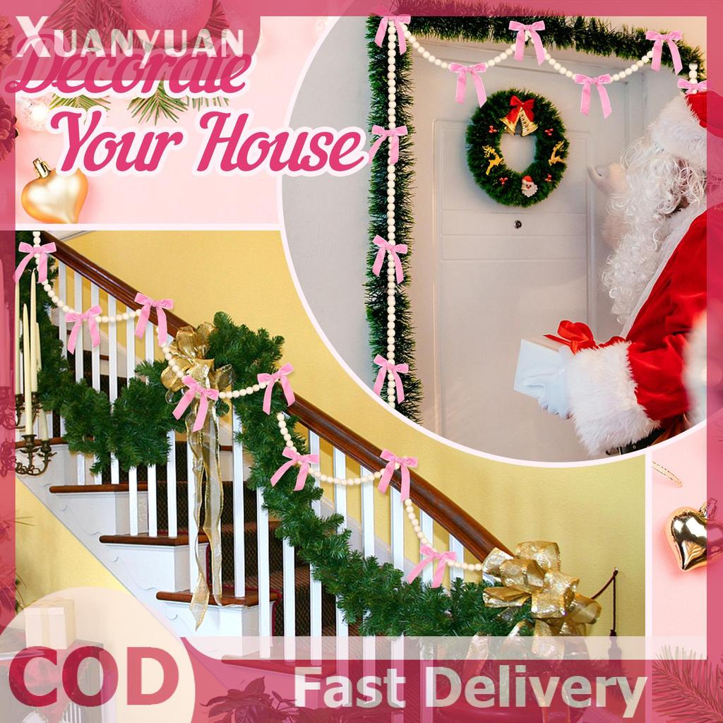 XUAN 9.8Ft ต้นคริสต์มาส Bow Pearl Garland 16 สีชมพู Bow & 150 สีขาว Pearl Christmas Tree Bow ตกแต่ง 