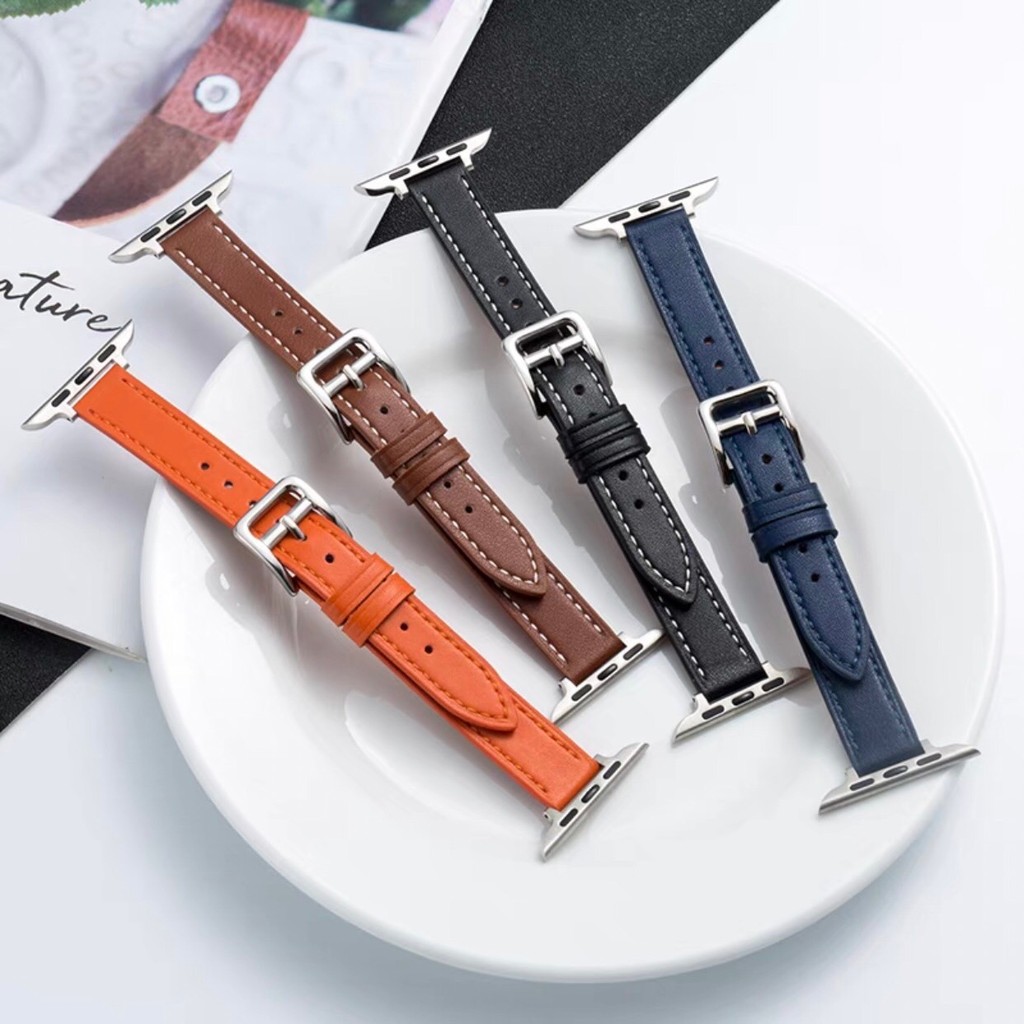 ZMZ แฟชั่นPU สายนาฬิกาหนังหัวเข็มขัดเงิน เส้นเล็ก สำหรับ Smart Watch  38/40/41/(S10)42mm 42/44/45/46