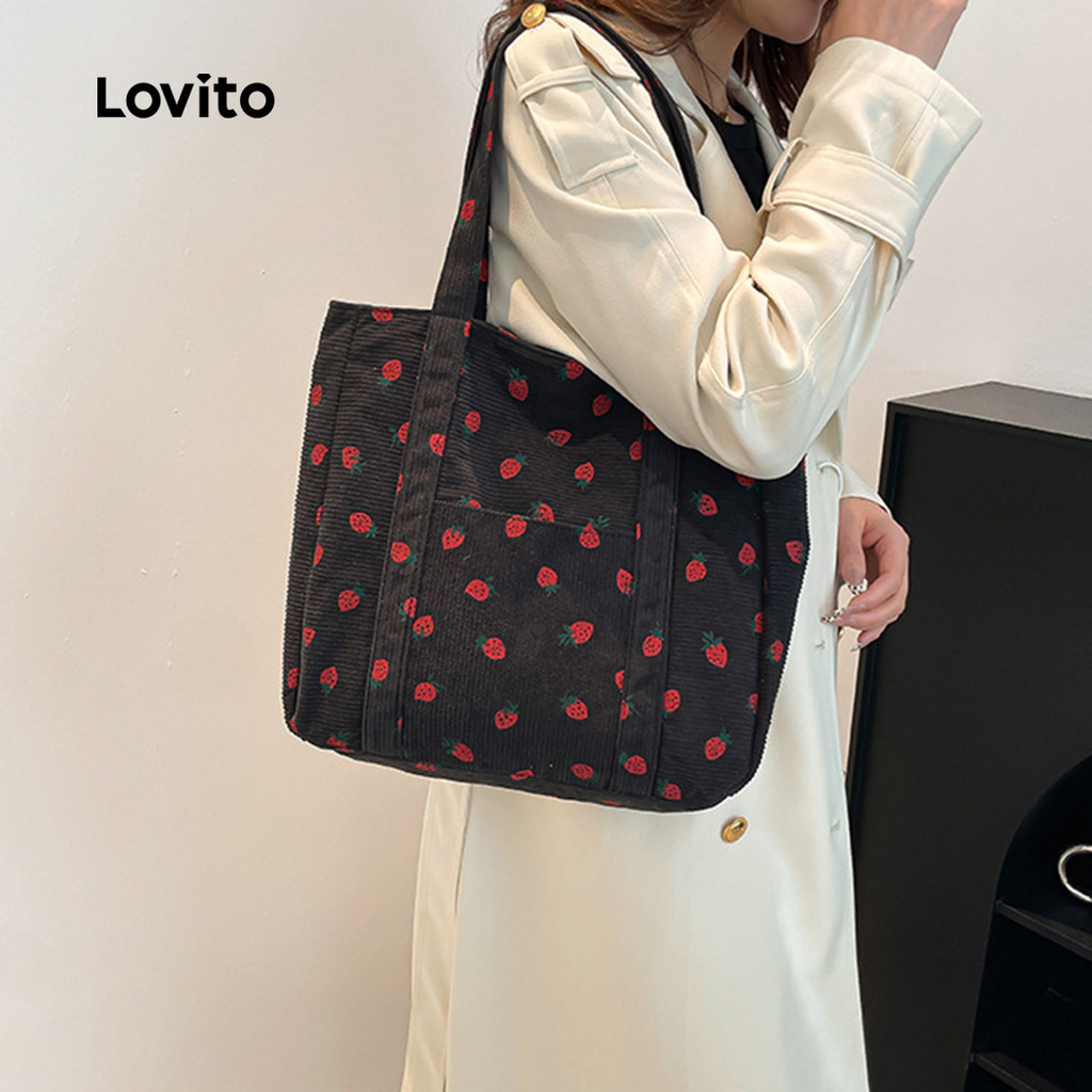 (New) Lovito กระเป๋าสะพายไหล่ผู้หญิงลายสตรอว์เบอร์รีน่ารักแบบสบาย ๆ LFA94120