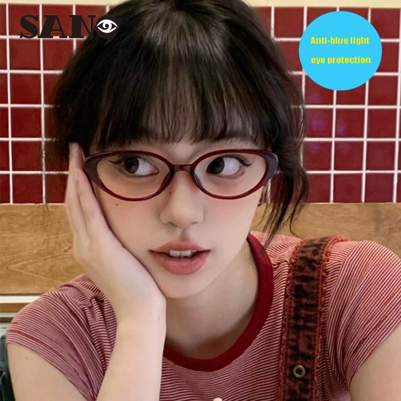 เปลี่ยนเลนส์ได้COD (San9)Burgundy Retro Korean Cat-eye Womens Anti-blue Glasses