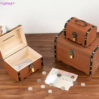 GPHA> 1 ชุด Vintage Treasure กล่องเก็บไม้หีบสมบัติพร้อมล็อค Piggy Bank Organizer กล่องประหยัดสําหรับตกแต่งบ้านใหม่