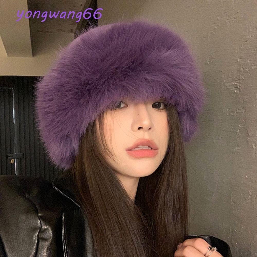 POSSO Faux Fur Bucket Hat,เกาหลี Casual Luxury Plush Hat,อินเทรนด์Snowy Day Thicken Warm Winter Fluf