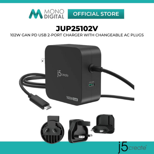 J5CREATE JUP25102V 102W GAN PD USB-C 2-Port Fast Charger พร้อมปลั๊ก AC เปลี่ยนได้, USB-C PD 100W เอา