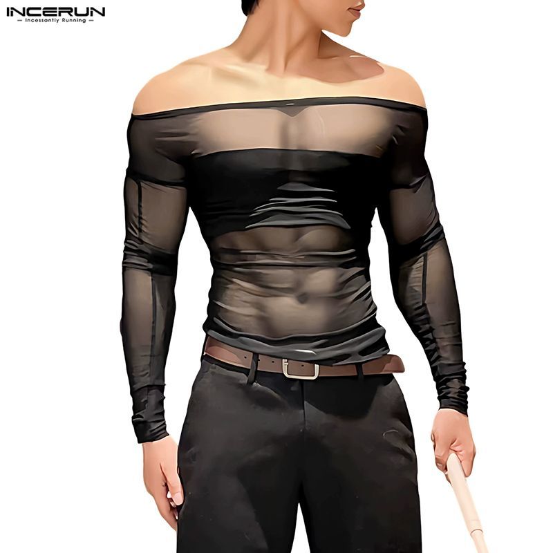 เสื้อยืดแขนยาวตาข่ายประกบหนึ่งไหล่ แฟชั่นเซ็กซี่