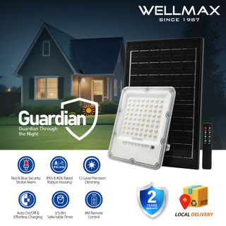 WELLMAX Solar Light Outdoor Flood Light With Solar Panel & Remote 6500K Daylight Guardian Series Floodlight