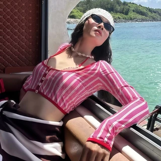GOODFIGURE BIKINI บิกินี่พร้อมเสื้อคลุม ลายทางชมพู สายฝอ แซ่บ🦋 มีไซส์ S M L XL 2XL Y164