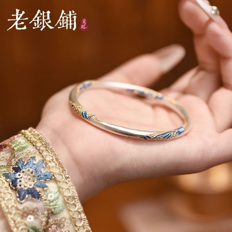 สร้อยข้อมือเงินแท้ 999.9 สไตล์โบราณ Lanqi จาก Wu Yue Lao Silver Shop สำหรับผู้หญิง