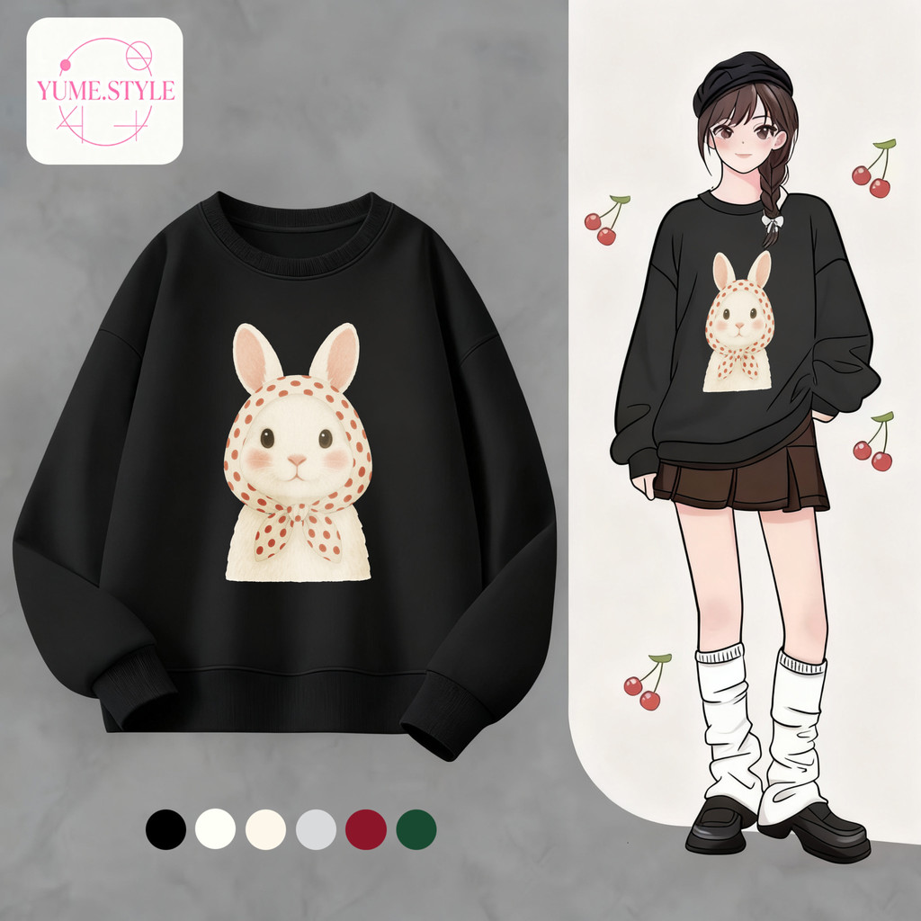 YUME🌸เสื้อกันหนาวแขนยาว เสื้อยืดคอกลมพิมพ์ลาย ทรงหลวม แฟชั่นคลาสสิก สะดวกสบาย ลาย "Hooded White Rabbit" ส่งเร็ว⚡COD