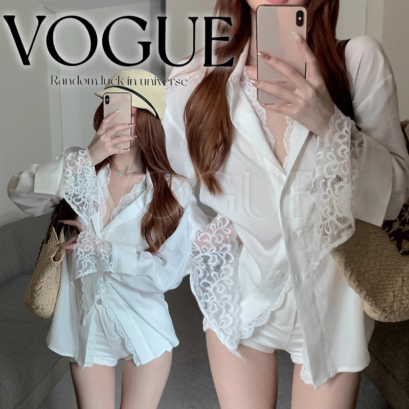 Vogue🌟พร้อมส่ง🌟 เสื้อเชิ้ต คอปกแขนยาว ดีเทลแต่งลูกไม้ สีขาวใส่ได้ทุกวัน (FY1107)