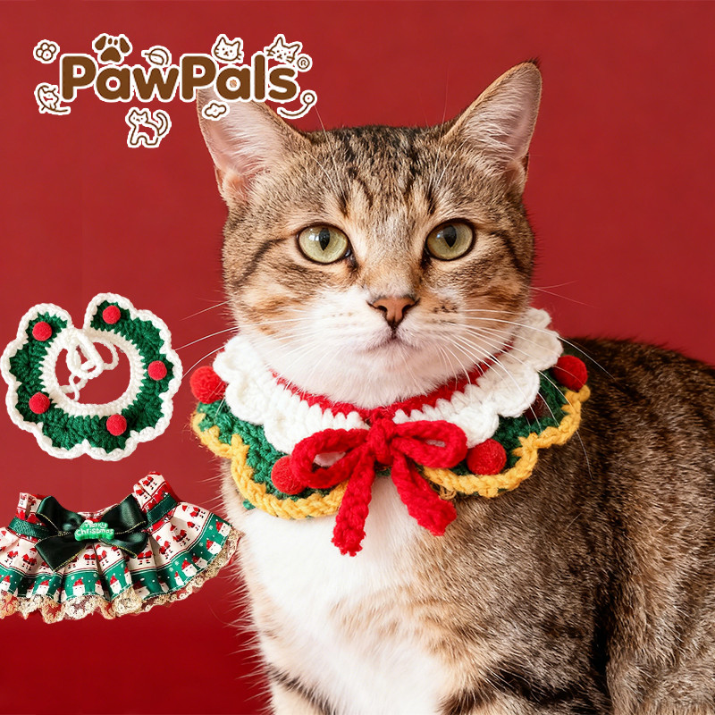 🎄😺เสื้อผ้าแมว เอี๊ยมสัตว์เลี้ยง ผ้าพันคอถัก S/M/L ปลอกคอแมวและสุนัข คริสต์มาส ผ้าพันคอสําหรับแมวและส