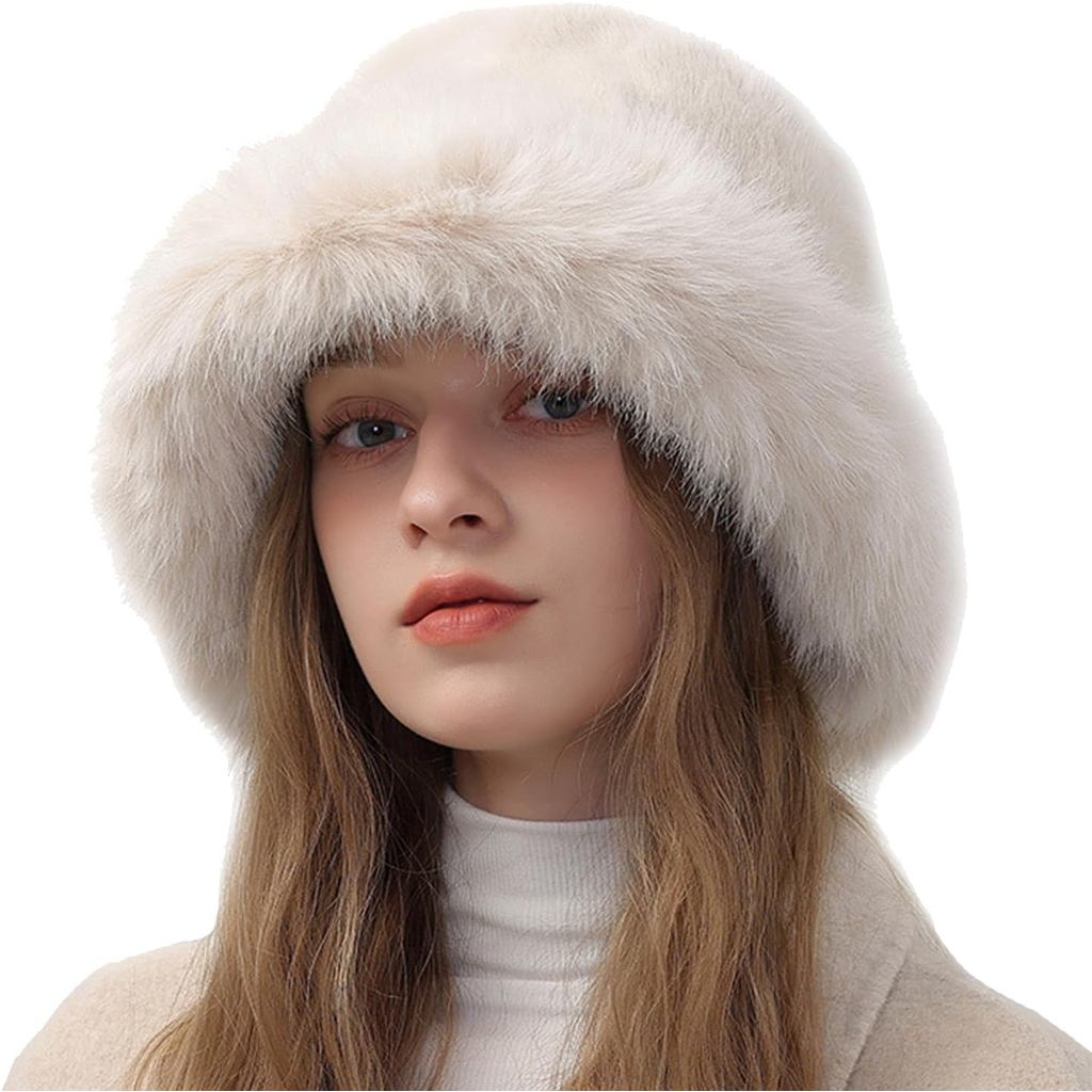 Peicees Winter Bucket Hat for Women Girls Fur Russian Ushanka Ladies Fluffy Snow Hat Fuzzy Fisherman