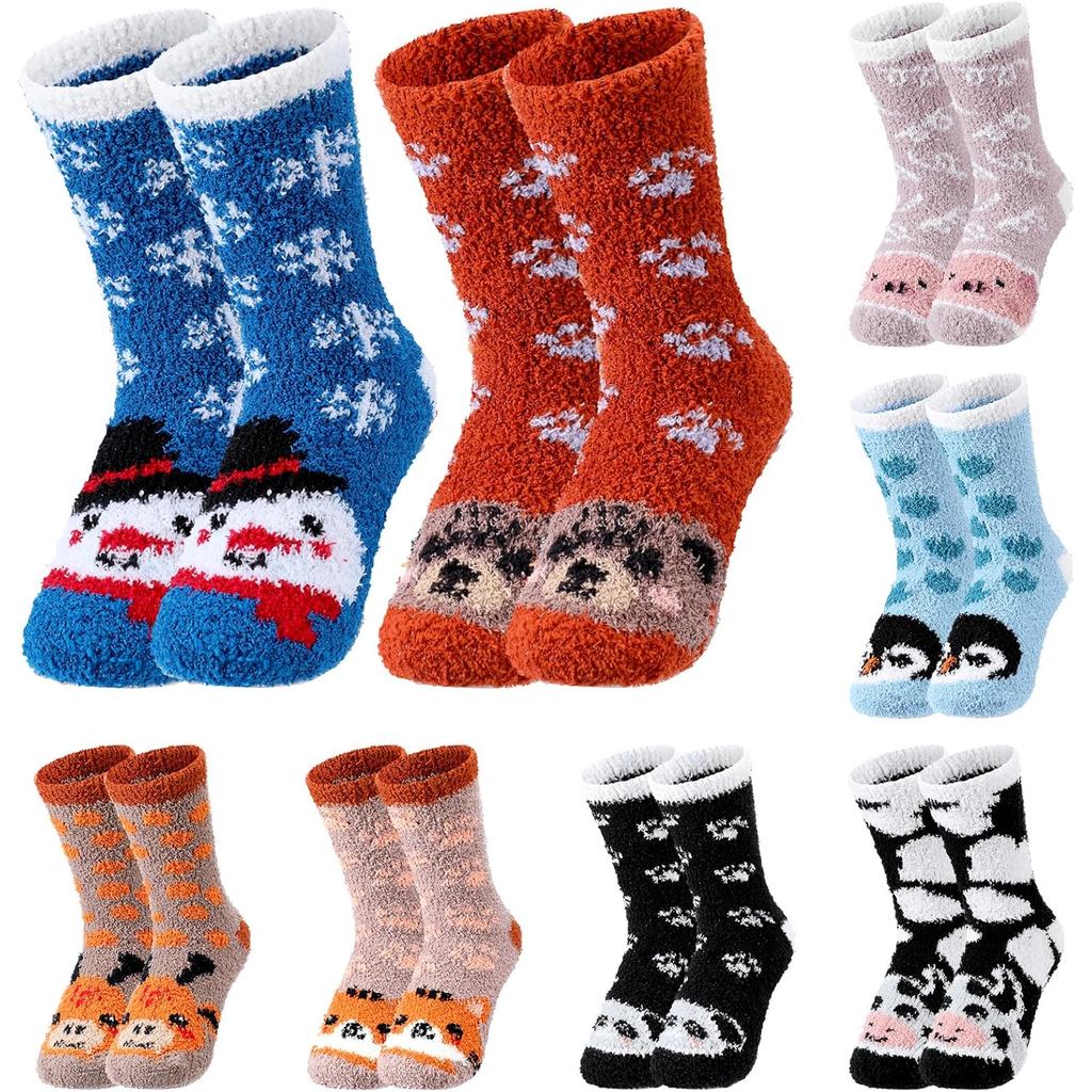 8 Pair Animal Fuzzy Sock for Women Unisex Cozy Fluffy Soft Sleep Socks for Winter Sports Outdoor Chr