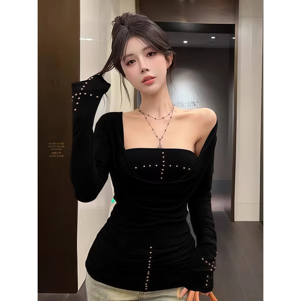 SultrySia เสอแขนยาว+เกาะอก เข้ารูป ผ้านุ่ม สีดำ สีน้ำตาล เรียบง่าย - รูปที่ 3