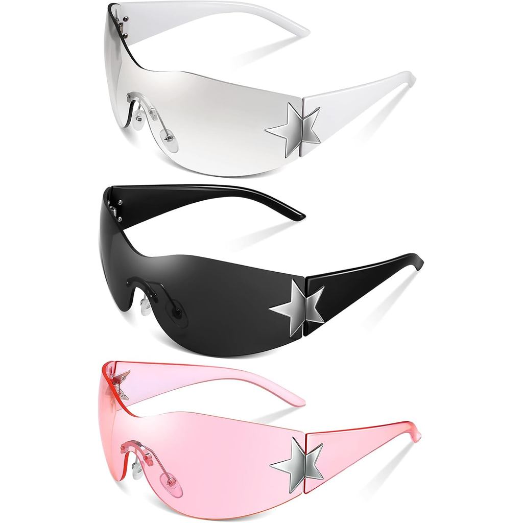 3 Pairs Rimless Y2K Sunglasses for Women Men Trendy Shield Wrap Around 2000S Sun Glasses Fashion Coo