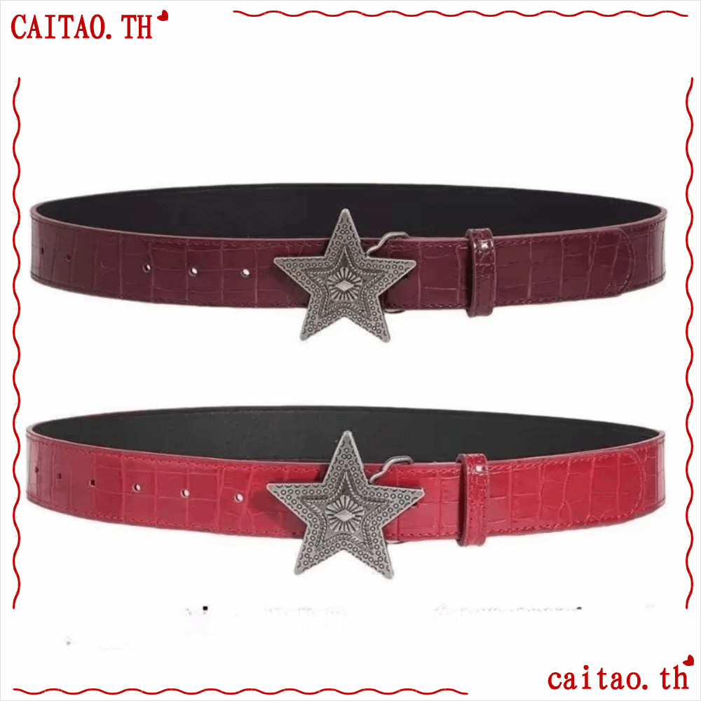 เข็มขัดยีนส์ CITAO สีแดง หนังPU ลายดาวห้าแฉก สไตล์ฮิปฮอป
